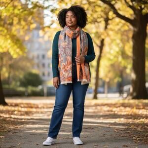 Saachi Large Floral Scarf Reversible Gray Orange Fringe Trim‎ Boho Butter Soft